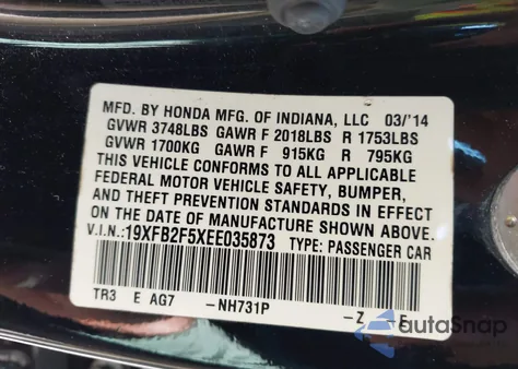 2014 Honda Civic Lx from USA, damaged, VIN 19XFB2F5XEE035873
